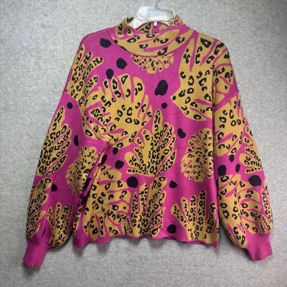 FATE Dance Around It Fuchsia Pink Leopard Print Sweater M Statement Colorful